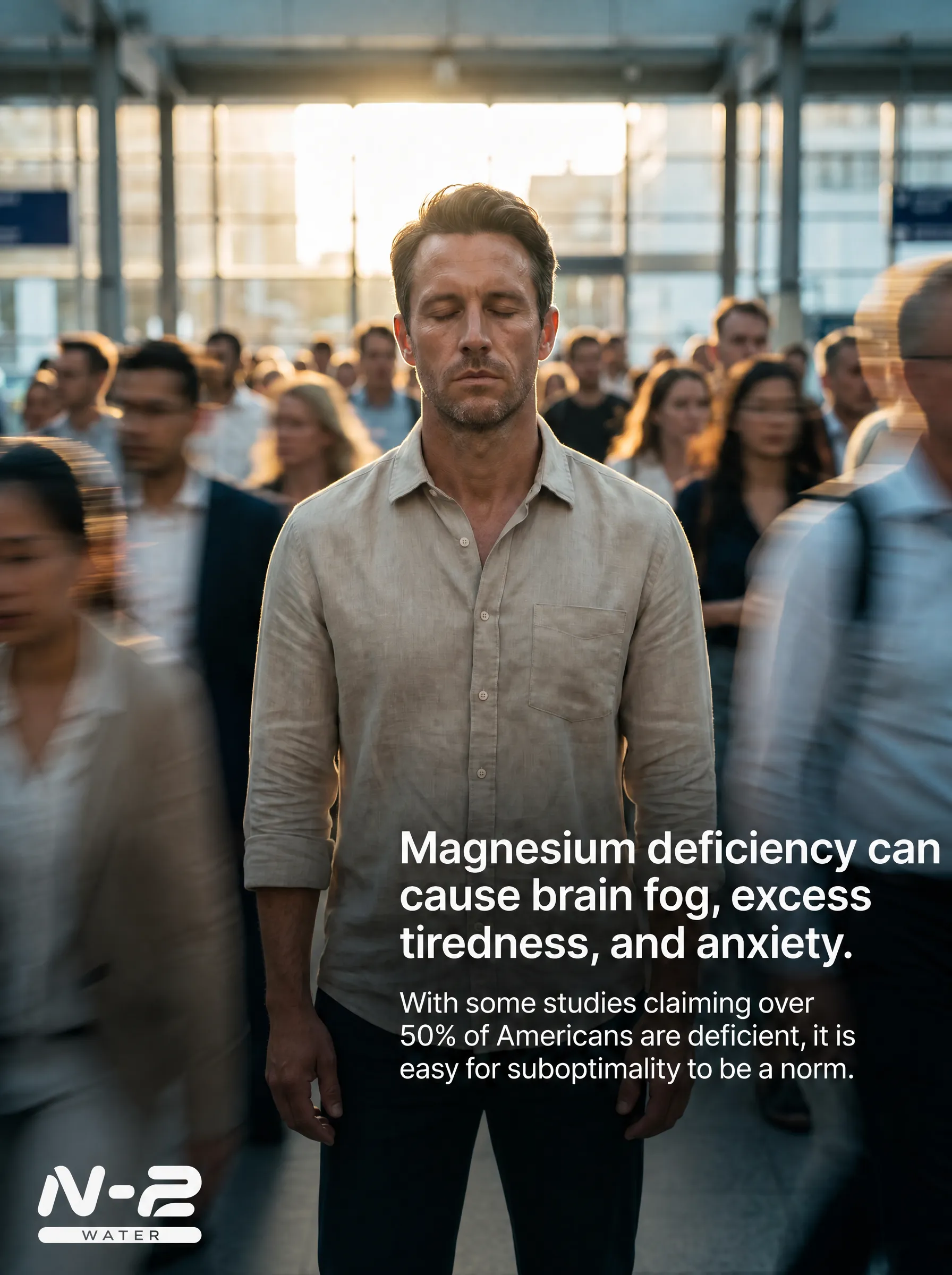 Man standing still in a rushing crowd, illustrating the effects of magnesium deficiency