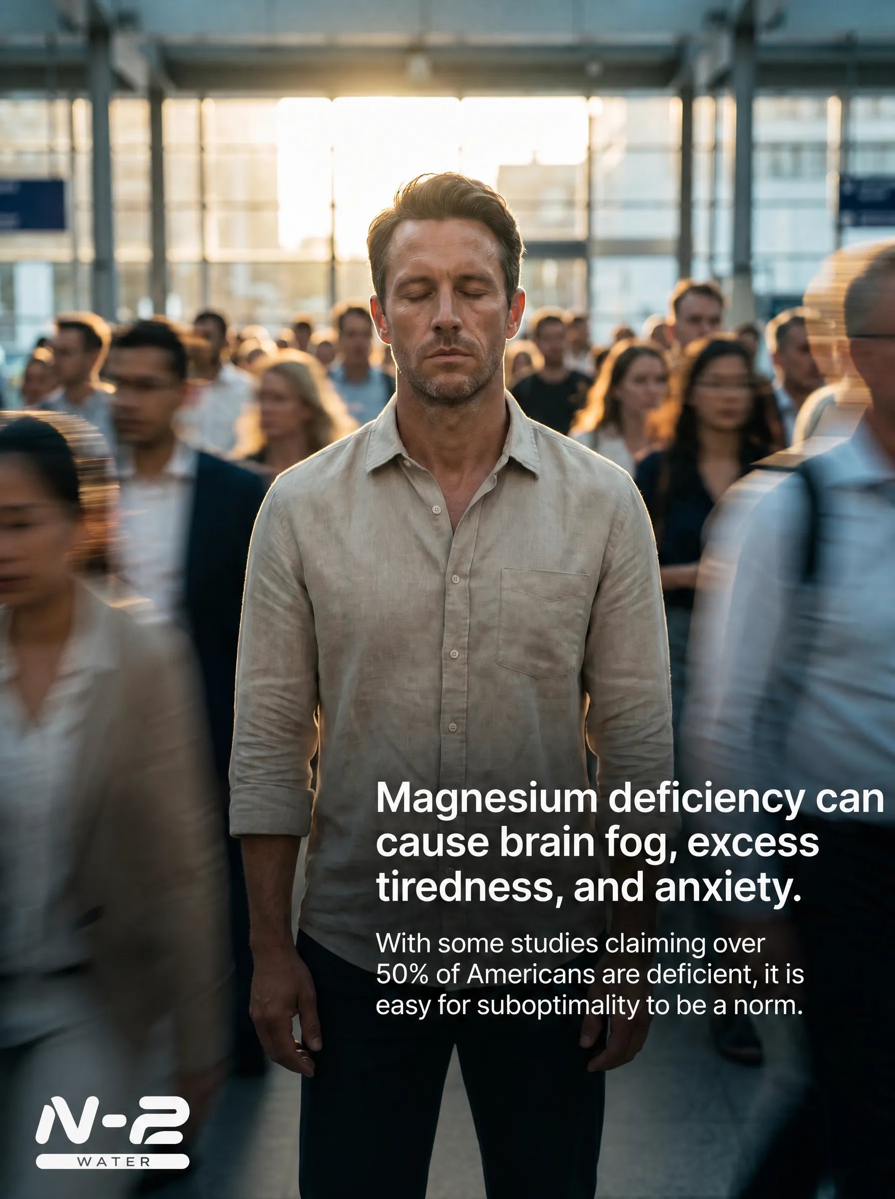 Man standing still in a rushing crowd, illustrating the effects of magnesium deficiency